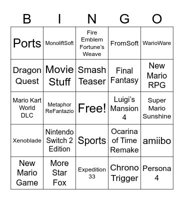 Nintendo June 2026 Direct Bingo Card