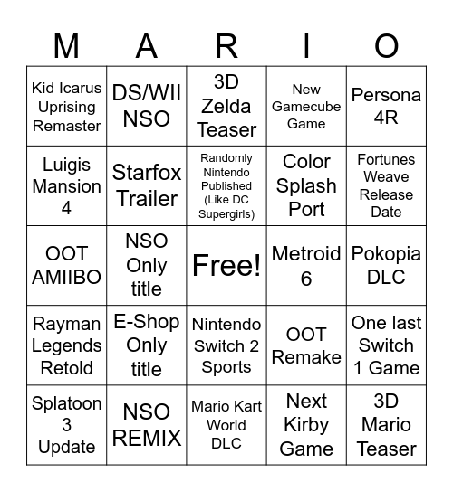Nintendo Direct Bingo! Bingo Card