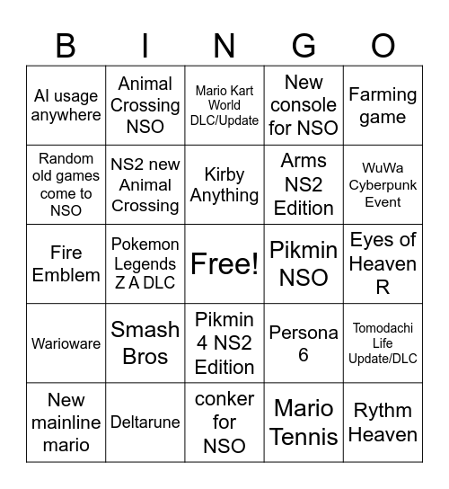 Nintendo Direct 6/9 26 Bingo Card