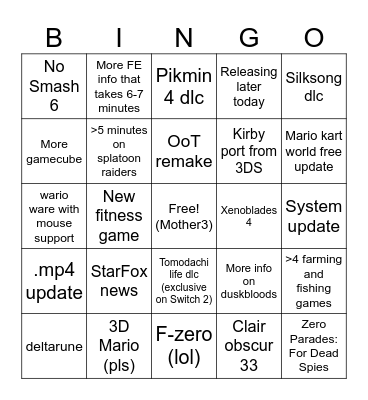 Nintendo direct Bingo Card
