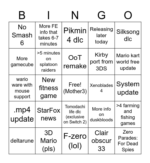 Nintendo direct Bingo Card