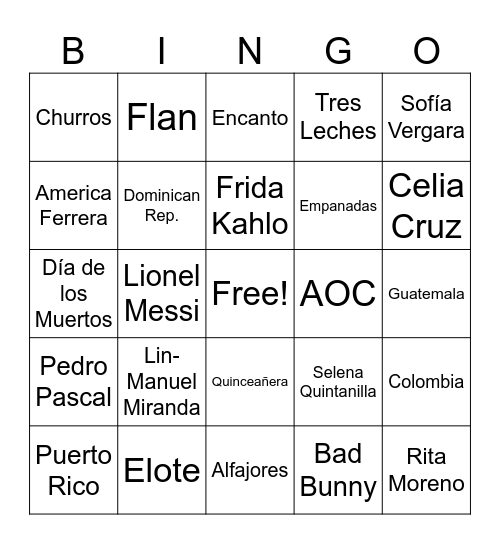 LatinX/Latiné Heritage Month Bingo Card