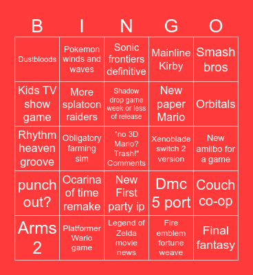 Nintendo direct Bingo Card