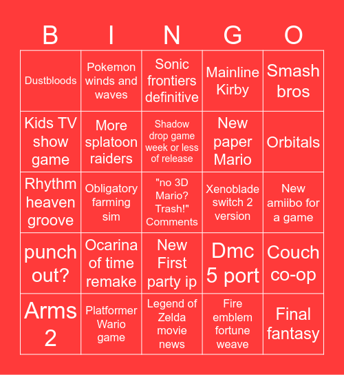 Nintendo direct Bingo Card