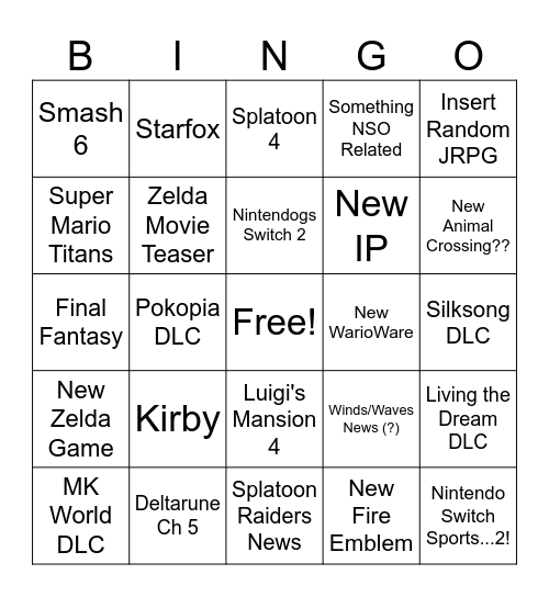 Nintendo Direct Bingo Card
