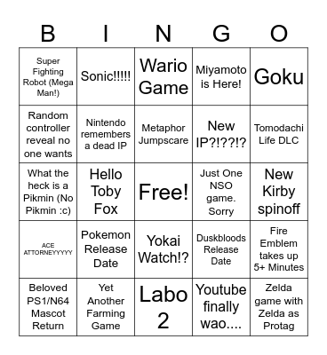 Nintendo Direct Time Baybee Bingo Card