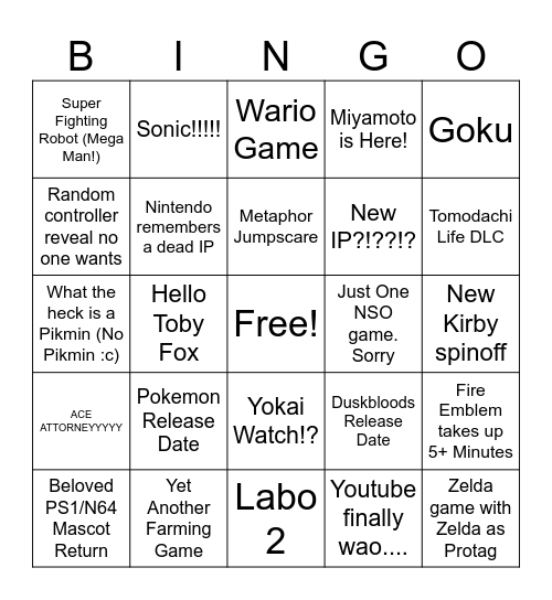 Nintendo Direct Time Baybee Bingo Card