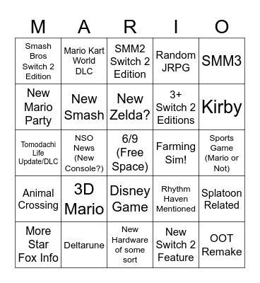 Nintendo Direct June 9th 2026 BINGO Card
