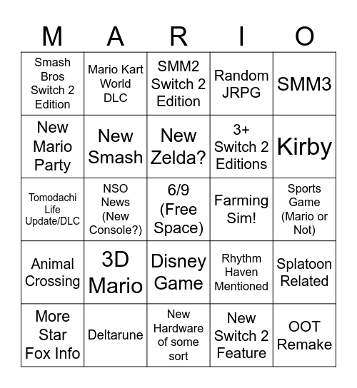 Nintendo Direct June 9th 2026 BINGO Card