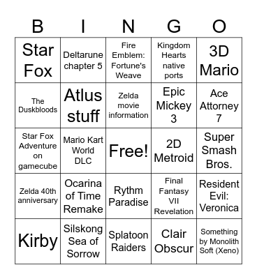 Nintendo Direct June 2026 Bingo Card
