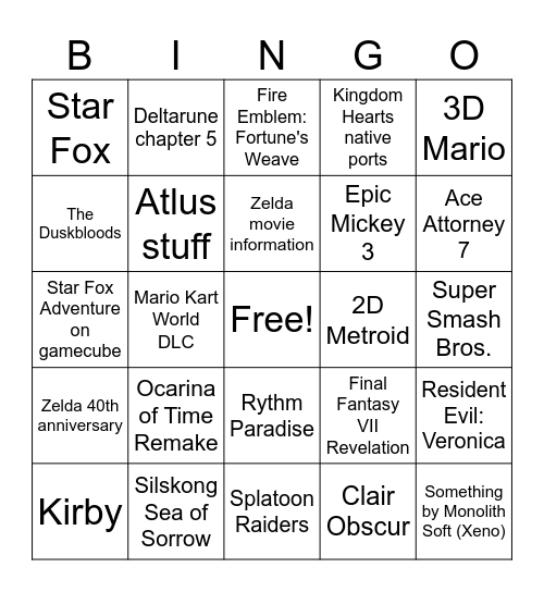 Nintendo Direct June 2026 Bingo Card