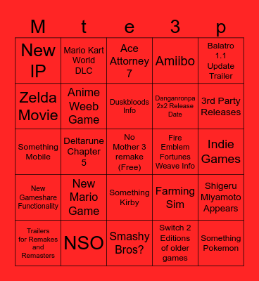 Nintendo Direct Bingo Card