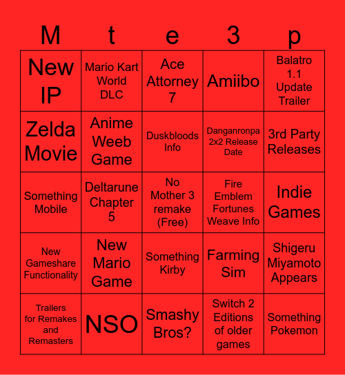 Nintendo Direct Bingo Card