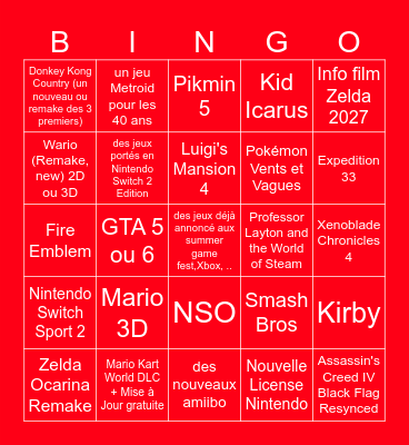 9 Juin 2026 Nintendo Direct Bingo Card