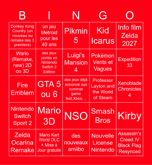9 Juin 2026 Nintendo Direct Bingo Card