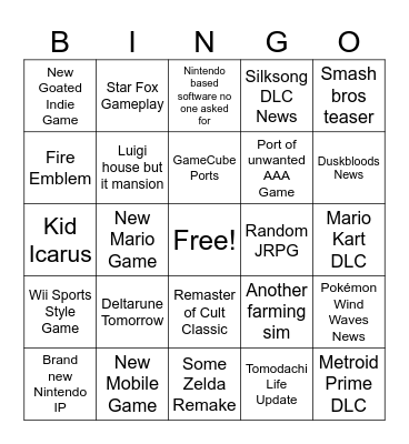 Nintendo Direct Bingo Card