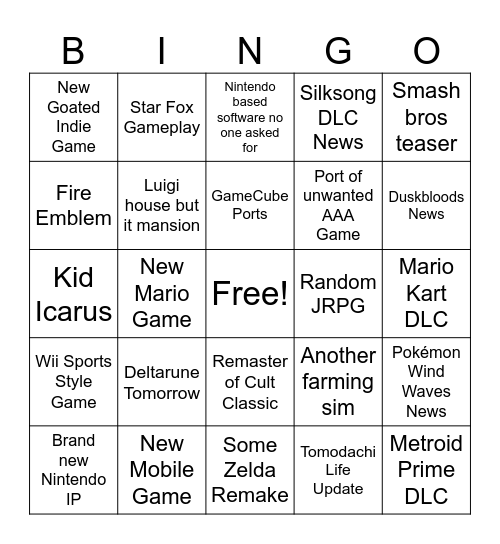 Nintendo Direct Bingo Card