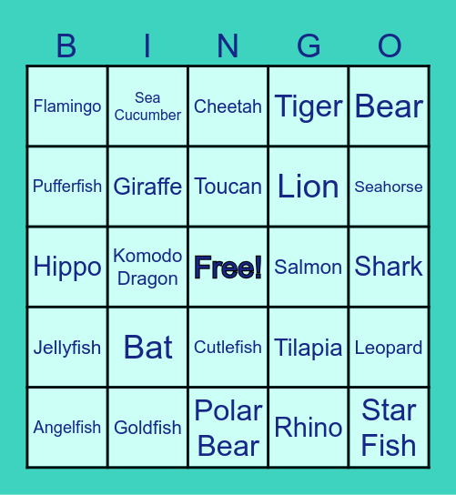 Zoo and Aquarium Bingo Card