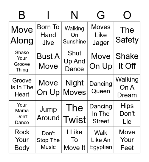 Move Your Feet Bingo Card