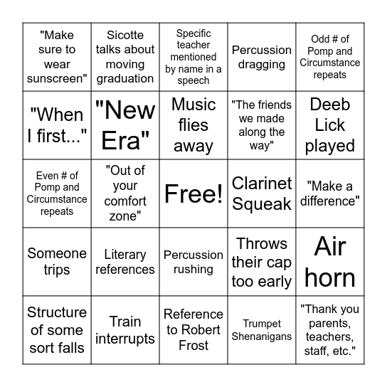 Band Kid Graduation BINGO Card