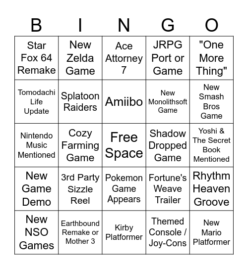 Nintendo Direct Bingo (06/09/2026) Bingo Card