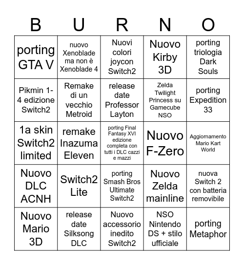 NINTENDO DIRECT 9 GIUGNO 2026 Bingo Card