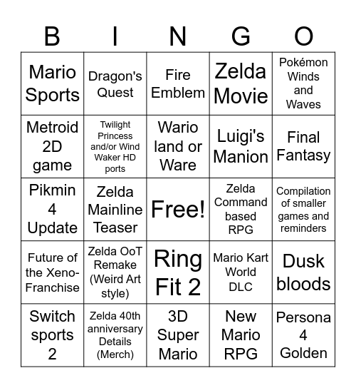 Nintendo Direct June 2026 Bingo Card