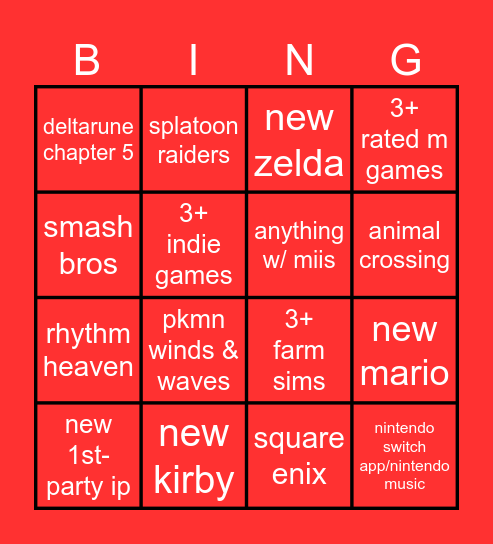 6/9/2026 nintendo direct Bingo Card