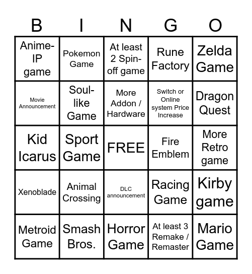 Nintendo Bingo Card
