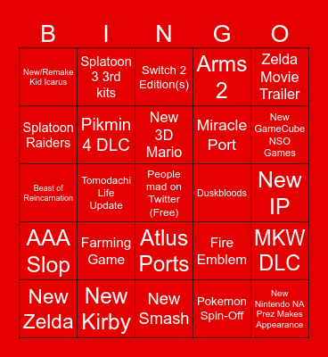Nintendo Direct Bingo Card