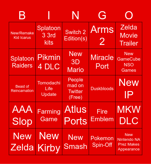 Nintendo Direct Bingo Card
