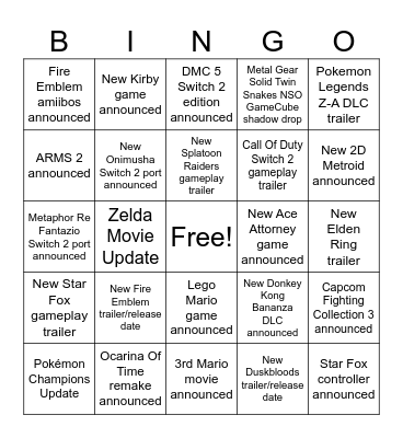 Nintendo Direct June 2026 Bingo Card