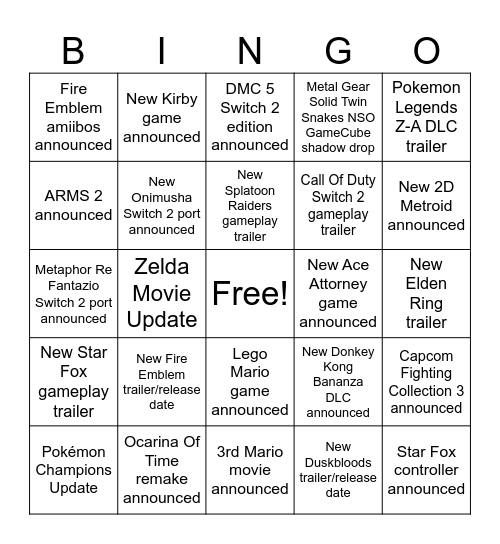 Nintendo Direct June 2026 Bingo Card