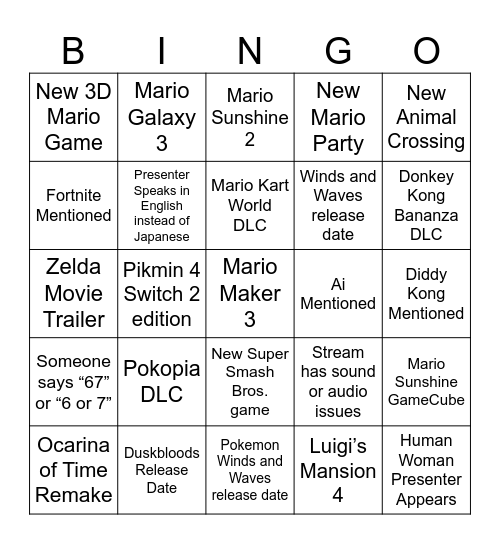 Nintendo Direct June 2026 Bingo Card