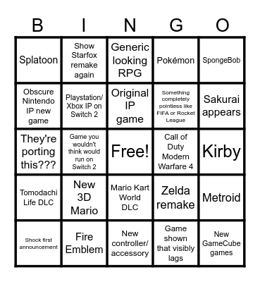 Nintendo Direct June 2026 Bingo Card