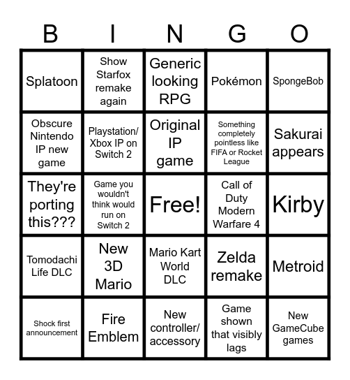 Nintendo Direct June 2026 Bingo Card