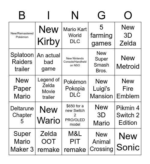 Nintendo Direct Predictions June 2026 Bingo Card