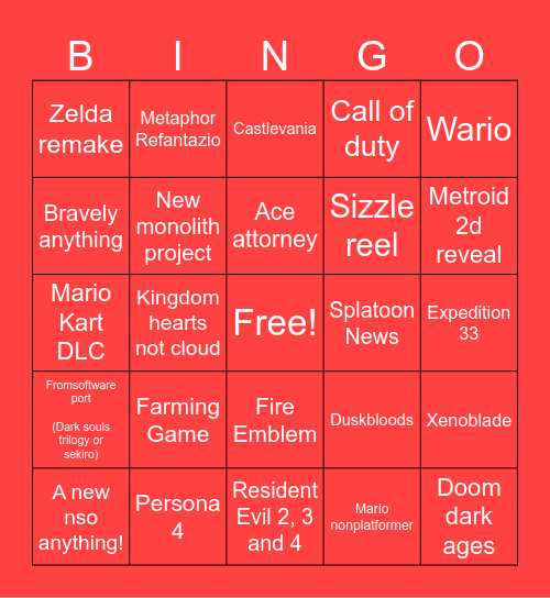 Vash’s Nintendo Direct Bingo Card