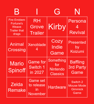 Nintendo Direct 2026 Bingo Card