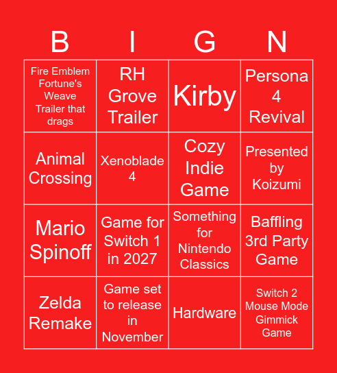 Nintendo Direct 2026 Bingo Card