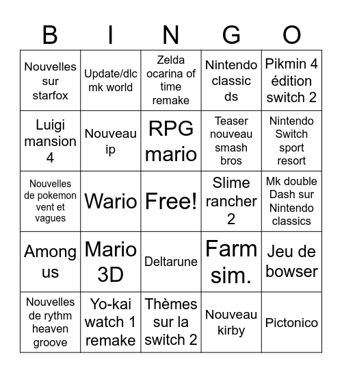 Prédiction nintendo direct Bingo Card