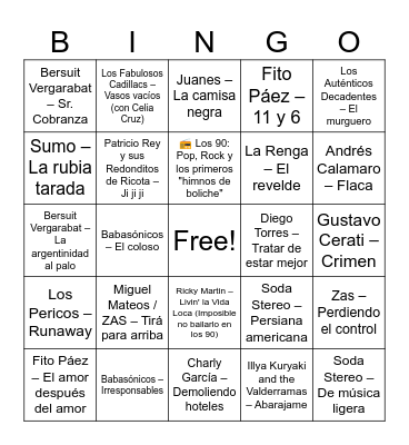 CANCIONES DE LOS 80, 80 Y 2000 Bingo Card