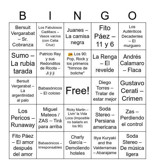 CANCIONES DE LOS 80, 80 Y 2000 Bingo Card