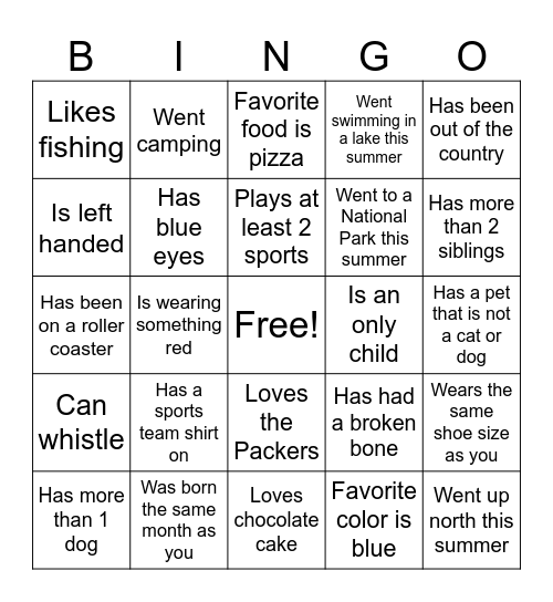 Get To Know You Bingo Card