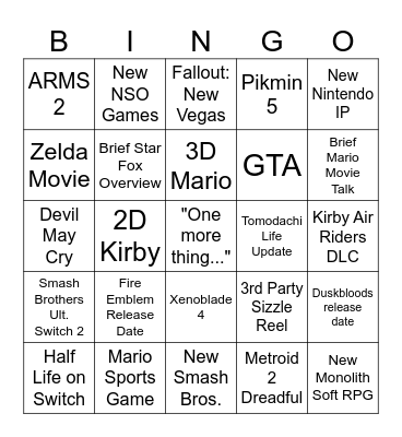 Nintendo Direct June 2026 Bingo Card