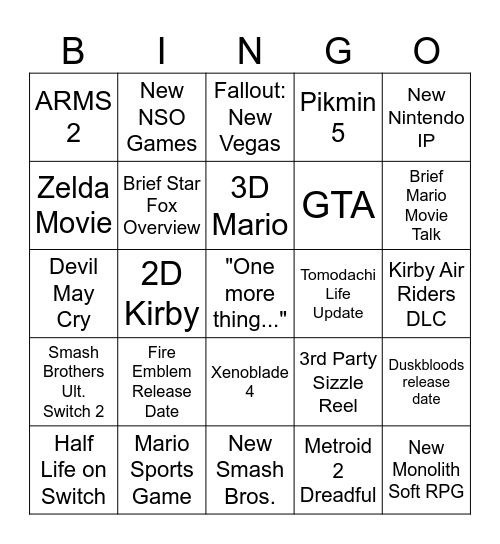 Nintendo Direct June 2026 Bingo Card