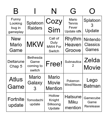 Nintendo :3 Bingo Card