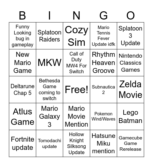 Nintendo :3 Bingo Card