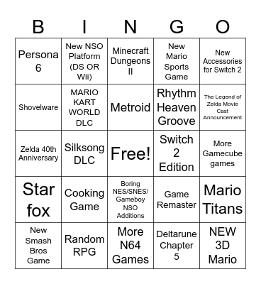 Nintendo Direct 6/9/2026 Bingo Card