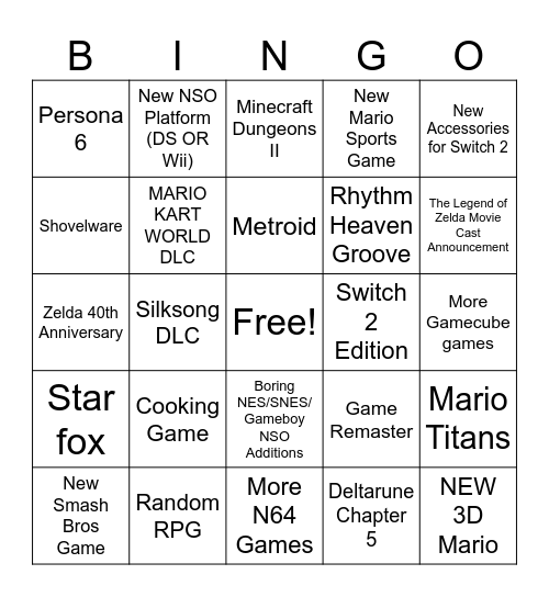 Nintendo Direct 6/9/2026 Bingo Card